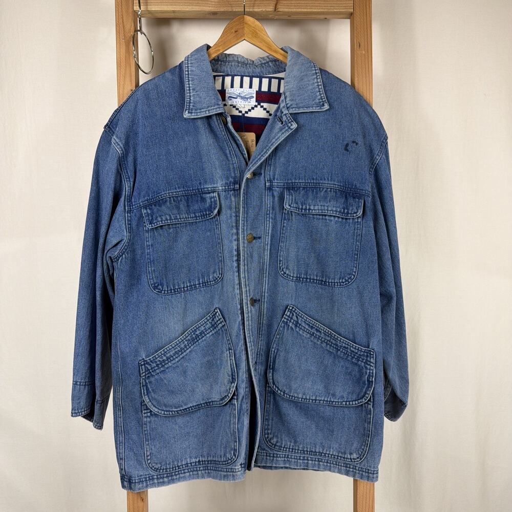 Vintage Perry Ellis Blue Denim Button Up Denim Chore Jacket #1243 Size LARGE